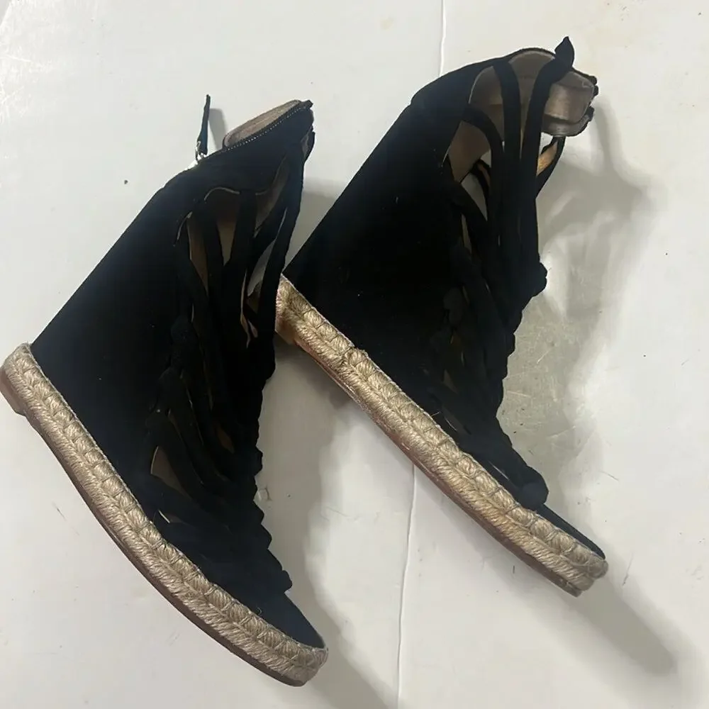 JEAN MICHEL CAZABAT ESPADRILLES WEDGE PLATFORM BLACK‎ SUEDE SHOES SIZE 38 1/2